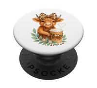 Cute Cow Holding Coffee Highland Cow with Leopard Bow PopSockets PopGrip Adhésif
