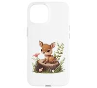 Cute Deer Sitting on a Log Fawn Floral Coque pour iPhone 15