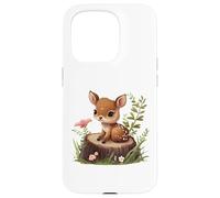 Cute Deer Sitting on a Log Fawn Floral Coque pour iPhone 15 Pro