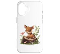 Cute Deer Sitting on a Log Fawn Floral Coque pour iPhone 16