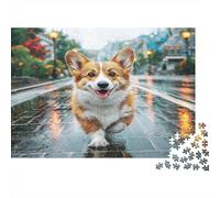 Cute Dog 1000 Pieces for Adults Teens Corgi on Wet Street Premium Recycled Board Great Gift Idea 38x26cm/1000pcs