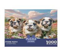 Cute Dog Puzzle 1000 Pieces Cadeau Unique Three Bulldog Puppies in Flower Field Jeu Éducatif Challenge Toy À De Qualité Supérieure Peinture Art pour Adultes Enfants 38x26cm/1000pcs