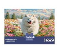Cute Dog Puzzle 1000 Pieces Cadeau Unique White Fluffy Dog in A Flower Field Jeu Éducatif Défi Jouet À De Qualité Supérieure Peinture Art pour Adultes Enfants 38x26cm/1000pcs
