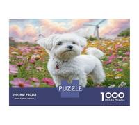 Cute Dog, Puzzle de Casse-tête en Papier recy hiot Blanc Poilu dans Le Champ de Fleurs, activité Interactive familiale, 38x26cm/1000pcs