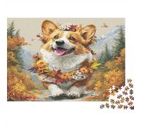 Cute Dog Puzzles 1000 Pièces Cadeau Unique Corgi with Flower Wreath in Autumn Jeu Éducatif Challenge Toy À De Qualité Supérieure Peinture Art pour Adultes Enfants 52x38cm/1000pcs