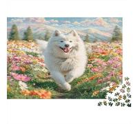 Cute Dog Puzzles 1000 Pieces Cadeau Unique White Fluffy Dog in A Flower Field Jeu Éducatif Défi Jouet À De Qualité Supérieure Peinture Art pour Adultes Et Enfants 70x50cm/1000pcs