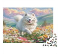Cute Dog Puzzles 1000 Pieces Cadeau Unique White Fluffy Dog Running in Flower Field Jeu Éducatif Défi Jouet À De Qualité Supérieure Peinture Art pour Adultes Enfants 52x38cm/1000pcs