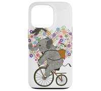 Cute Elephant Loves Cycling on Vintage Bike - Floral Heart Coque pour iPhone 13 Pro