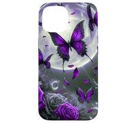 Cute Floral Rose Butterfly Design Purple Flower Galaxy Moon Coque pour iPhone 15