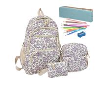 Cute Floral School Backpack - Women Bookbag with Sling Bag and Pouch | Floral Backpack for Girls Students Aesthetic Print Backpack for School Travel Commuting College Office Outdoor Camping