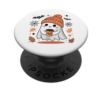 Cute Ghost Drinking Coffee Halloween Ghost Ice Coffee Womens PopSockets PopGrip Adhésif