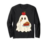 Cute Ghost Eating Pie Halloween Fall Autumn Apple Lover Manche Longue