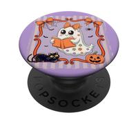 Cute Ghost Reading Book Halloween Coquette Ghost Cat Books PopSockets PopGrip Adhésif