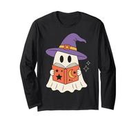 Cute Ghost Reading Book Halloween Witch Hat Bookworm Manche Longue