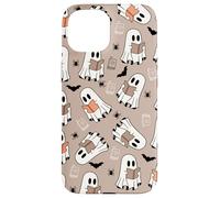 Cute Ghost Reading Books Retro Groovy Spooky Beige Pattern Coque pour iPhone 15