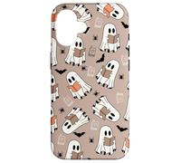 Cute Ghost Reading Books Retro Groovy Spooky Beige Pattern Coque pour iPhone 16