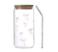 Cute Glass Coffee Cups, Bow Pattern Drinking Glass with Lid and Stainless Steel Straw, Elegant Transparent Glassware Design Feature, Cute Cup for Women Tea Coffee Cocktail Whiskey Birthday Party