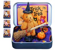 Cute Halloween Teddy Bear in a Box with Witcher Miniature, Blanket, Broom, Pumpkin & Cat, Halloween Bear in a Box, Gift for Family and Friends (Brown)