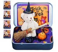 Cute Halloween Teddy Bear in a Box with Witcher Miniature, Blanket, Broom, Pumpkin & Cat, Halloween Bear in a Box, Gift for Family and Friends (Beige)
