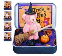 Cute Halloween Teddy Bear in a Box with Witcher Miniature, Blanket, Broom, Pumpkin & Cat, Halloween Bear in a Box, Gift for Family and Friends (Pink)