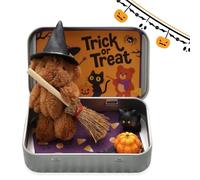 Cute Halloween Teddy Bear in a Box with Wizard Hat, Blanket, Broom, Pumpkin & Cat, Mini Witcher Teddy-Spooky Halloween Magic, Halloween's Teddy Bear in a Box for Trick Or Treat (Brown)