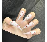 Cute Hand Drawn Cherry Claw Press on Nails Long Stiletto Gothic Punk Style Reusable Thick Acrylic Press on Nails Cat Dragon Eagle Claw False Nail with Designs Glossy Glue on Nail (M)
