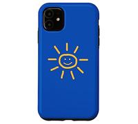 Cute Hand-Drawn Sun Drawing in Yellow on Blue Background Coque pour iPhone 11