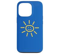Cute Hand-Drawn Sun Drawing in Yellow on Blue Background Coque pour iPhone 13 Pro