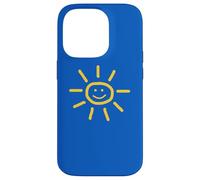 Cute Hand-Drawn Sun Drawing in Yellow on Blue Background Coque pour iPhone 14 Pro