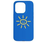 Cute Hand-Drawn Sun Drawing in Yellow on Blue Background Coque pour iPhone 15 Pro