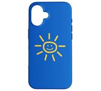 Cute Hand-Drawn Sun Drawing in Yellow on Blue Background Coque pour iPhone 16