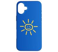 Cute Hand-Drawn Sun Drawing in Yellow on Blue Background Coque pour iPhone 16 Plus