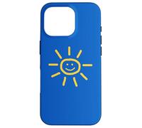 Cute Hand-Drawn Sun Drawing in Yellow on Blue Background Coque pour iPhone 16 Pro