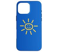 Cute Hand-Drawn Sun Drawing in Yellow on Blue Background Coque pour iPhone 16 Pro Max