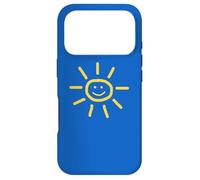 Cute Hand-Drawn Sun Drawing in Yellow on Blue Background Coque pour iPhone 17 Pro