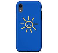 Cute Hand-Drawn Sun Drawing in Yellow on Blue Background Coque pour iPhone XR