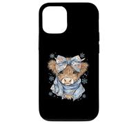 Cute Highland Cow with Blue Bow Winter Snowflake Design Coque pour iPhone 12/12 Pro