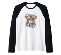 Cute Highland Cow with Blue Bow Winter Snowflake Design Manche Raglan