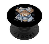 Cute Highland Cow with Blue Bow Winter Snowflake Design PopSockets PopGrip Adhésif