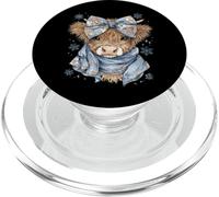 Cute Highland Cow with Blue Bow Winter Snowflake Design PopSockets PopGrip pour MagSafe