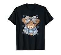 Cute Highland Cow with Blue Bow Winter Snowflake Design T-Shirt