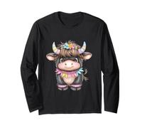 Cute Highland Cow with Rainbow Horns Kawaii Baby Cow Flower Manche Longue