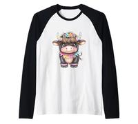 Cute Highland Cow with Rainbow Horns Kawaii Baby Cow Flower Manche Raglan