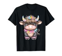 Cute Highland Cow with Rainbow Horns Kawaii Baby Cow Flower T-Shirt