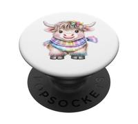 Cute Highland Cow with Rainbow Scarf - Kawaii Baby Cow PopSockets PopGrip Adhésif