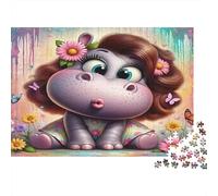 Cute Hippo Girl Puzzle for Adults & Age 14 Up: Cartoon Hippo with Flowers Fun Present & Activity for Home Gift 52x38cm/1000pcs