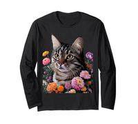 Cute Kitten Cat Flower Floral Garden Manche Longue