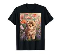 Cute Kitten Cat Flower Floral Garden T-Shirt