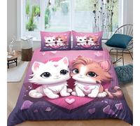 Cute kitten couple Housse de Couette Hypoallergique Microfibre 3 pièces Imprimé en 3D Cartoon love style Ensemble De Literie avec Taie d'oreiller Ultra Douce for Adultes Enfants Single（135x200cm）