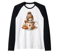Cute Kitten in Fall Hot Tea Cup Autumn Vibes for Cat Mom Manche Raglan